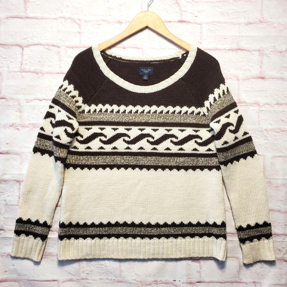 American Eagle Sweater Womens Small Brown Wool Blend Fair Isle Knit Pullover AEO